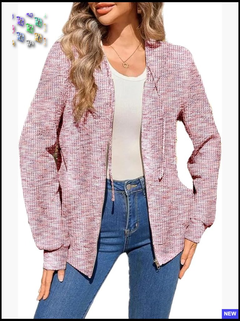 Waffle Knit Zip Up Hoodie Oversized Casual Jacket Lightweight Long Sleeve